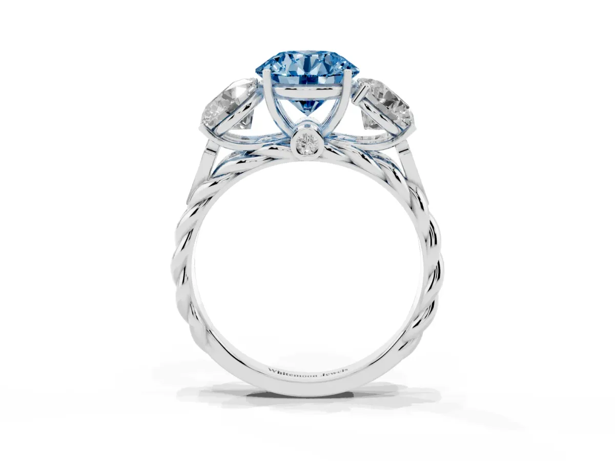 Fancy Blue Three-Stone Round Cut Diamond Braided Band Ring with Four-Prong Setting Platinum