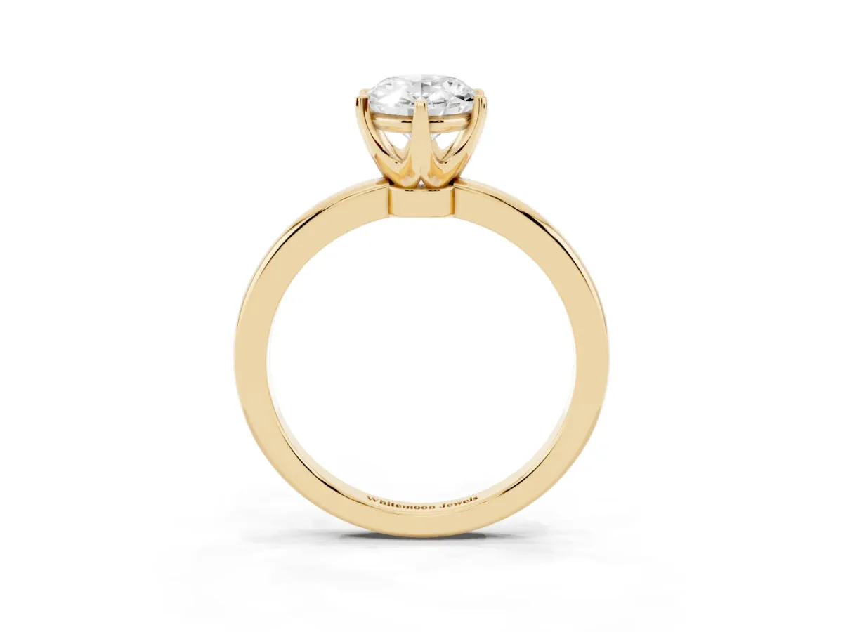 Oval Cut Solitaire Diamond Ring with Six-Prong Setting on a Classic Band Yellow gold