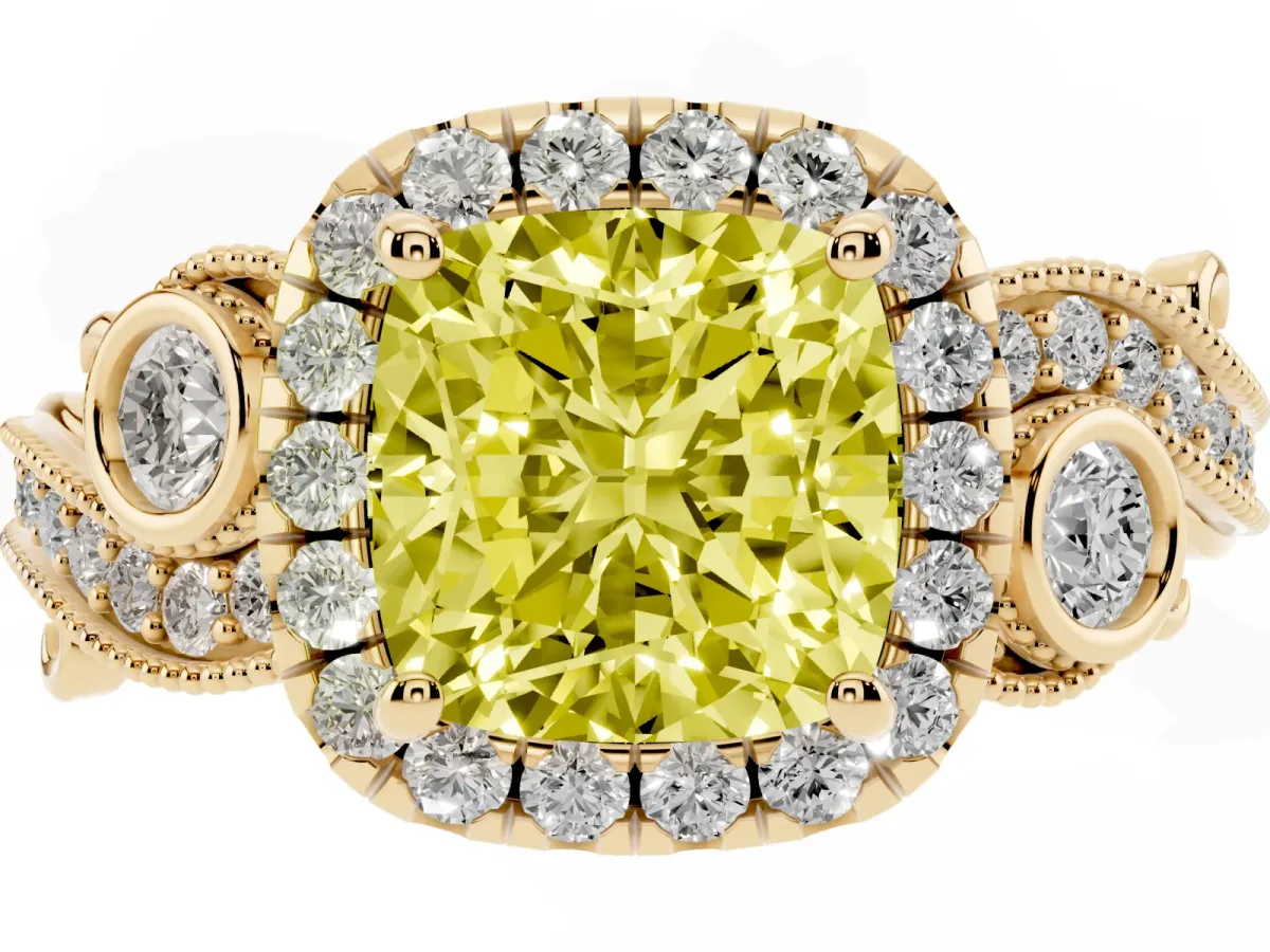 Fancy Yellow Cushion Cut Diamond Halo Ring with Milgrain Pavé Band and Four-Prong Setting Yellow gold