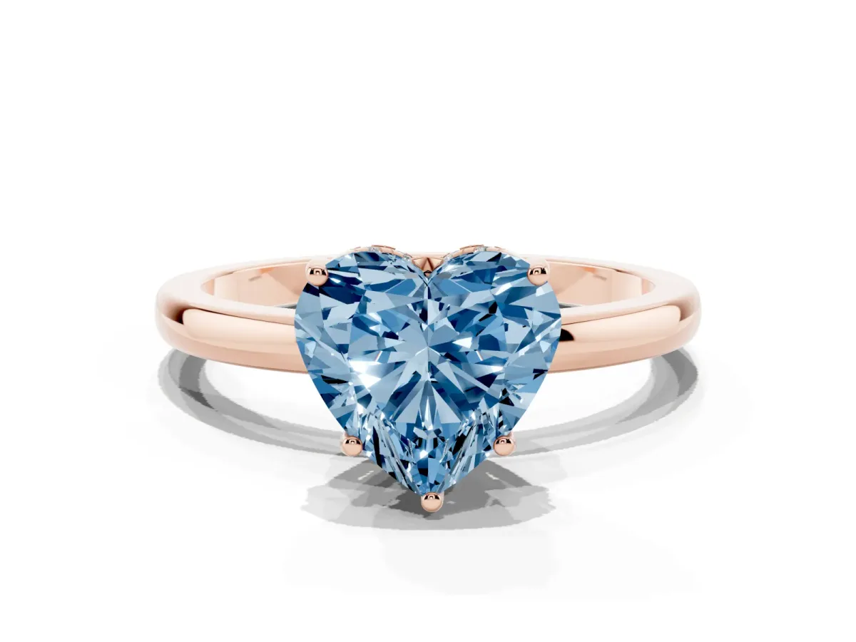 Fancy Blue Heart Cut Solitaire Diamond Ring with Prong Setting and Plain Band Rose gold
