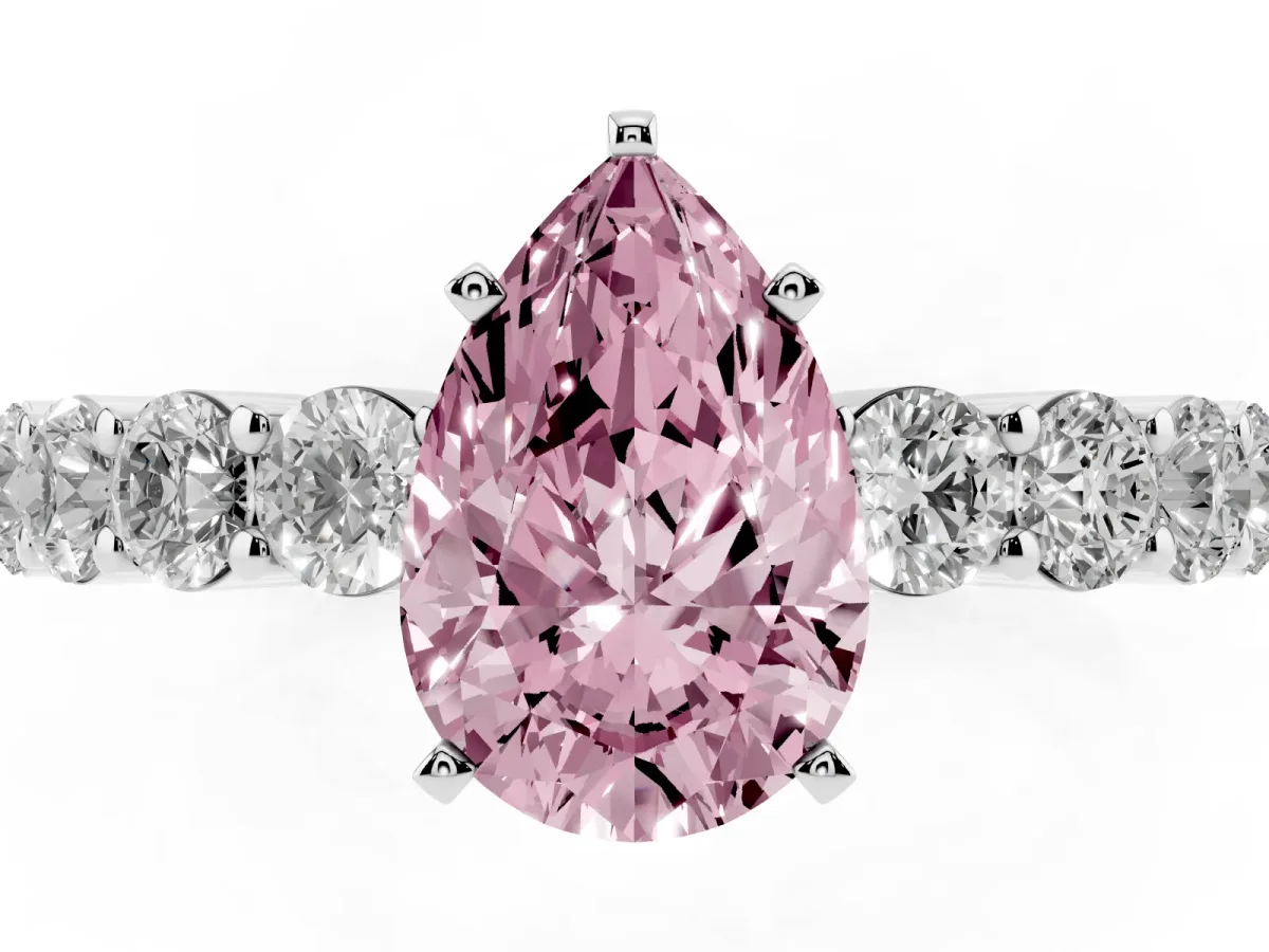 Fancy Pink Pear Cut Diamond Solitaire Ring with Shared Prong Round Side Stones White gold