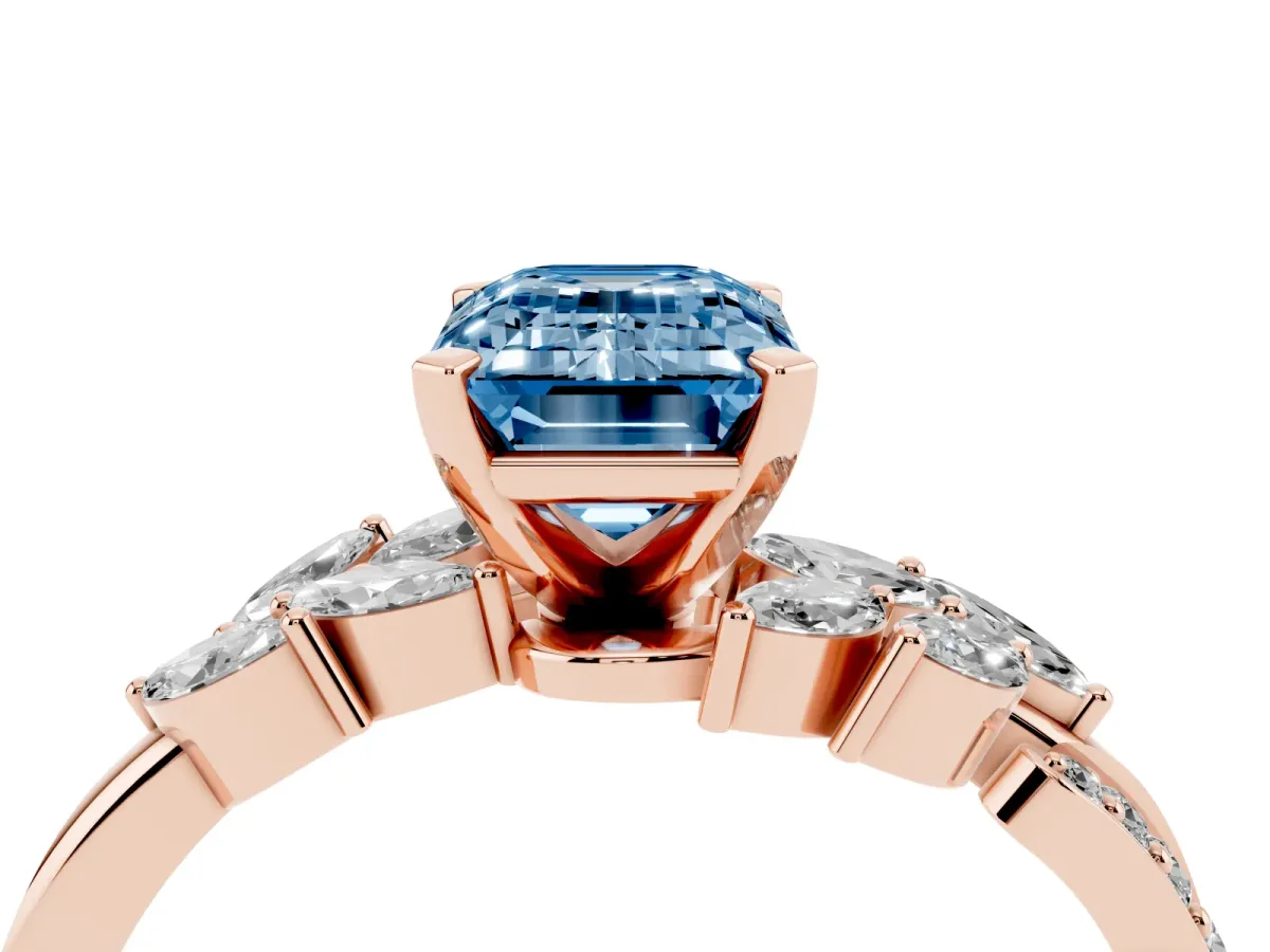 Fancy Blue Emerald Cut Solitaire Marquise Twist Band with Six-Prong Setting Rose gold
