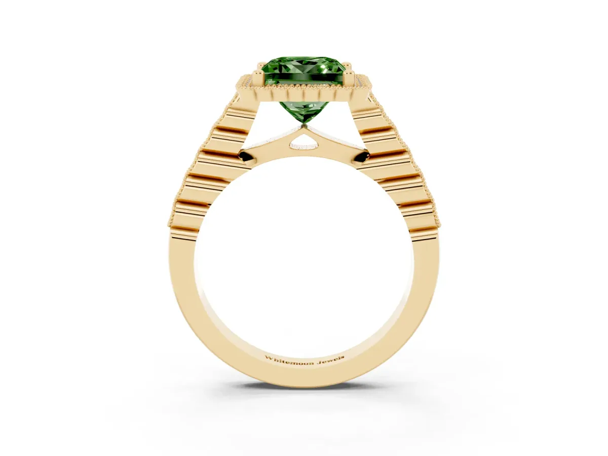 Fancy Green Princess Cut Cut Halo Pavé Solitaire Ring with Milgrain Band Yellow gold
