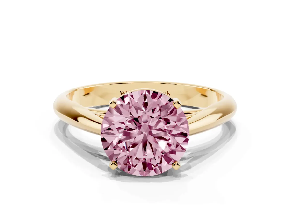 Fancy Pink Round Cut Diamond Solitaire Engagement Ring with Cathedral Setting and Four-Prong Mount Yellow gold