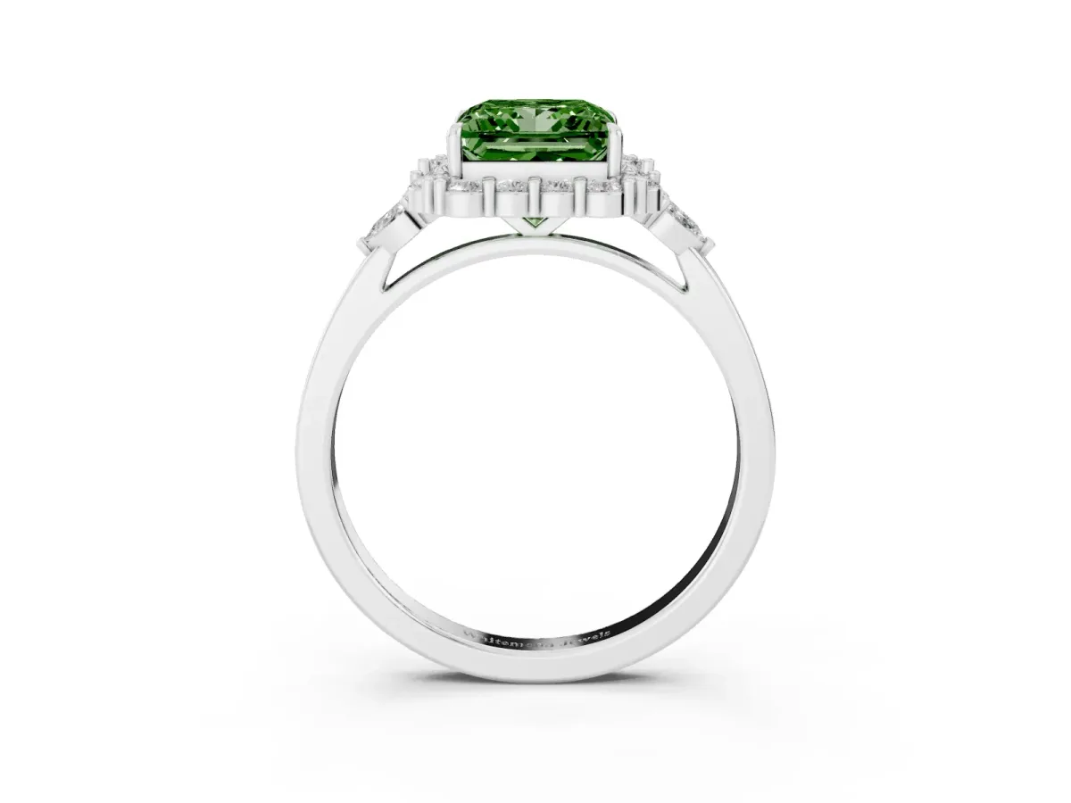 Fancy Green Princess Cut Diamond Halo Ring with Pear Side Stones and Prong Setting Platinum