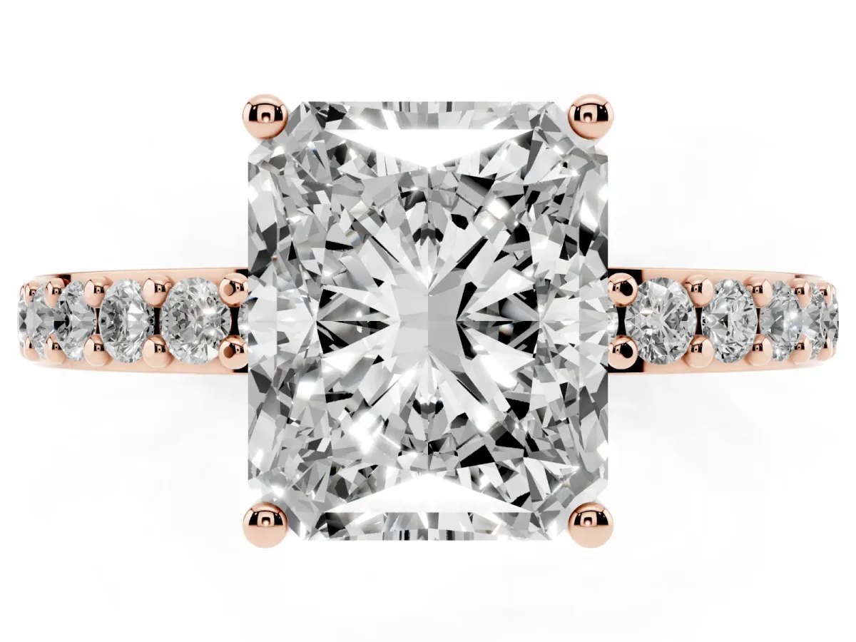 Radiant Cut Cut Diamond Solitaire with Pave Band and Four-Prong Setting Rose gold