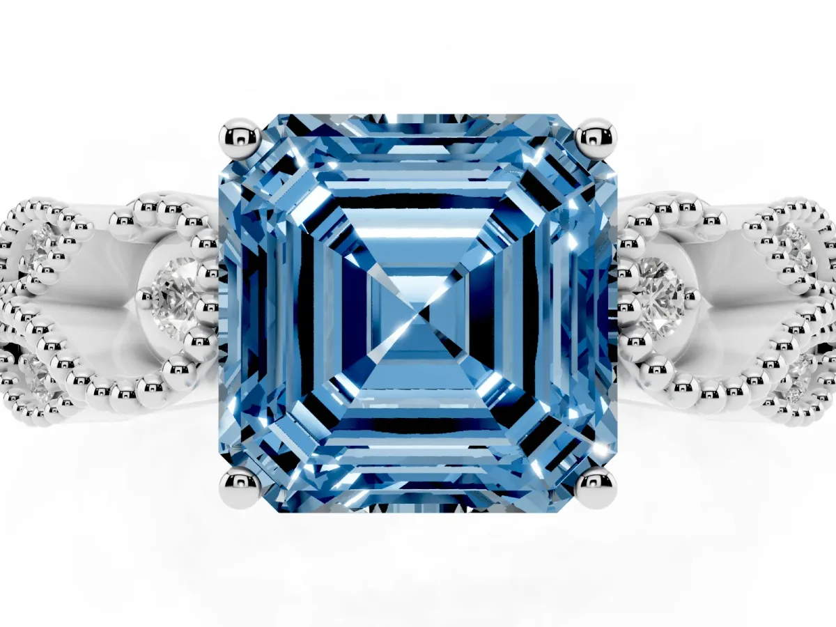 Fancy Blue Asscher Cut Solitaire Milgrain Leaf Band with Prong Setting Silver