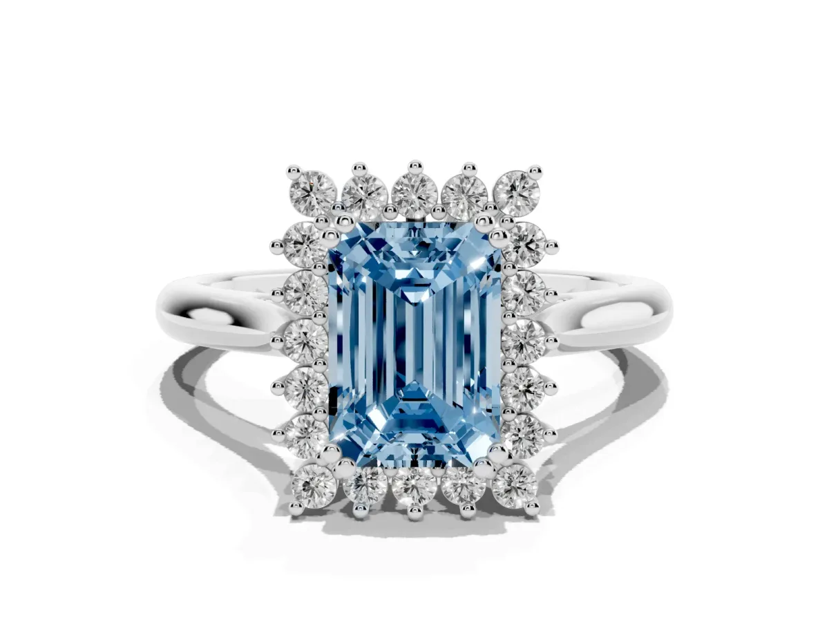 Fancy Blue Emerald Cut Cut Diamond Halo Ring with Solitaire Band and Prong Setting Silver