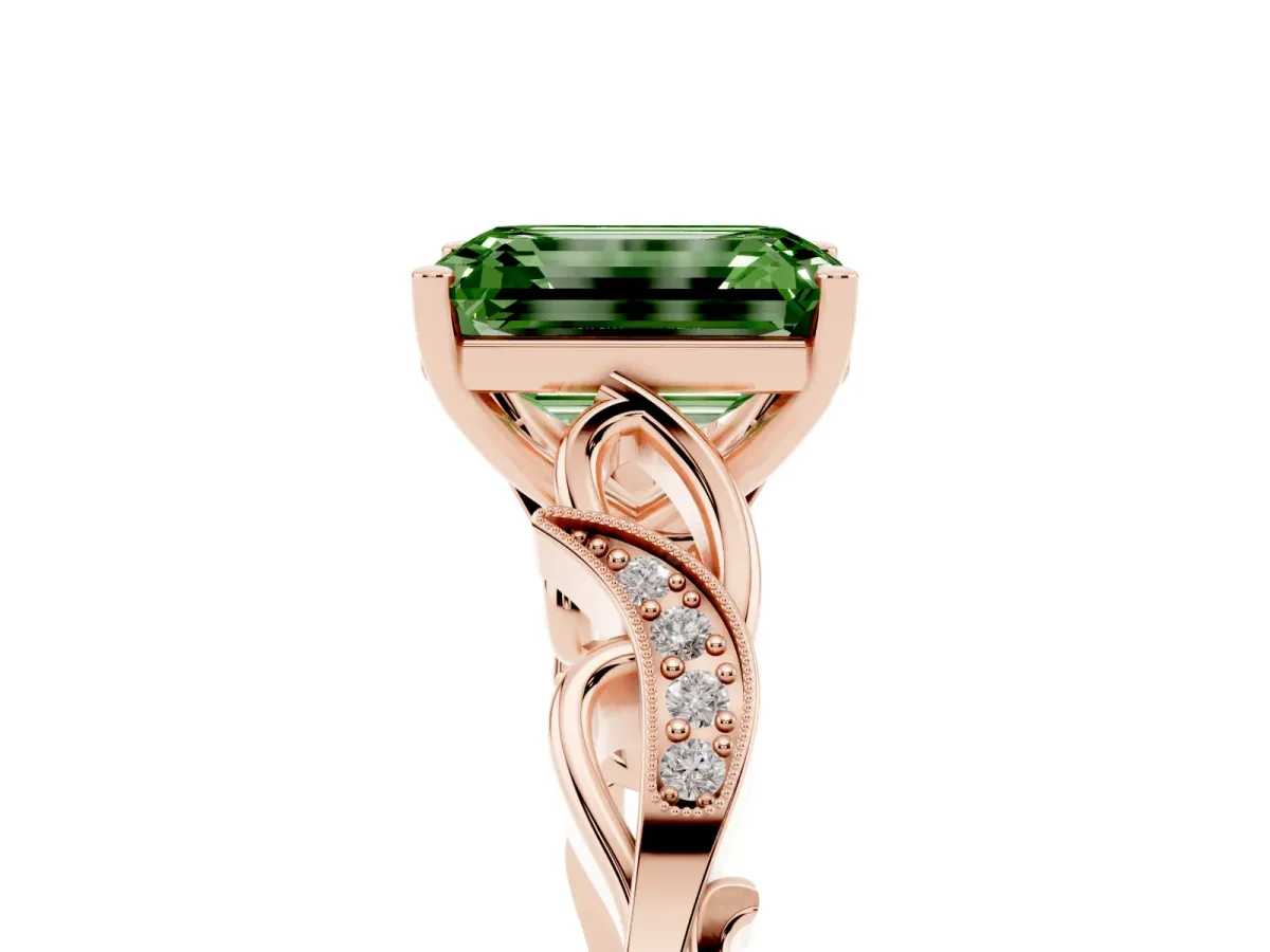 Fancy Green Emerald Cut Solitaire Vine Band with Milgrain Prong Setting Rose gold