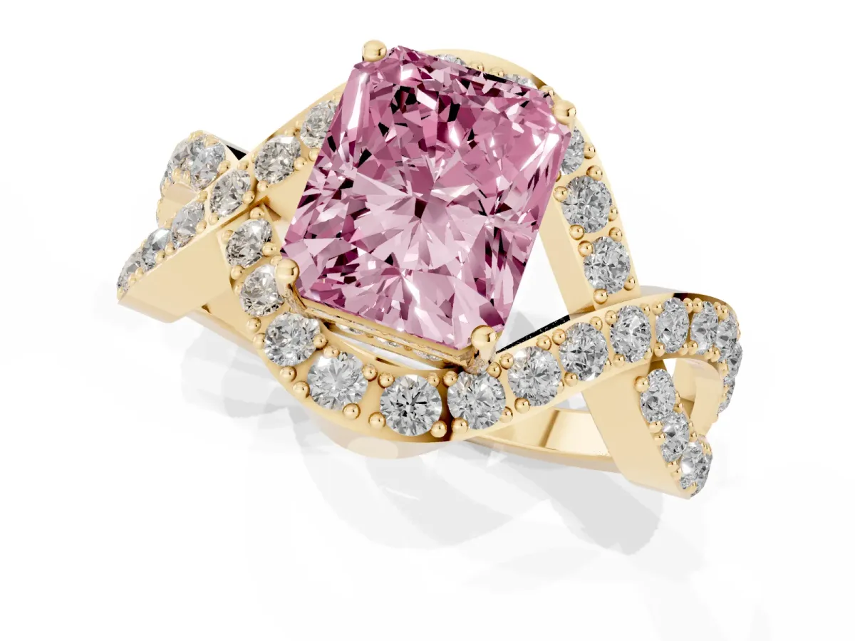 Fancy Pink Radiant Cut Solitaire Twist Band Pavé Diamond Engagement Ring Yellow gold