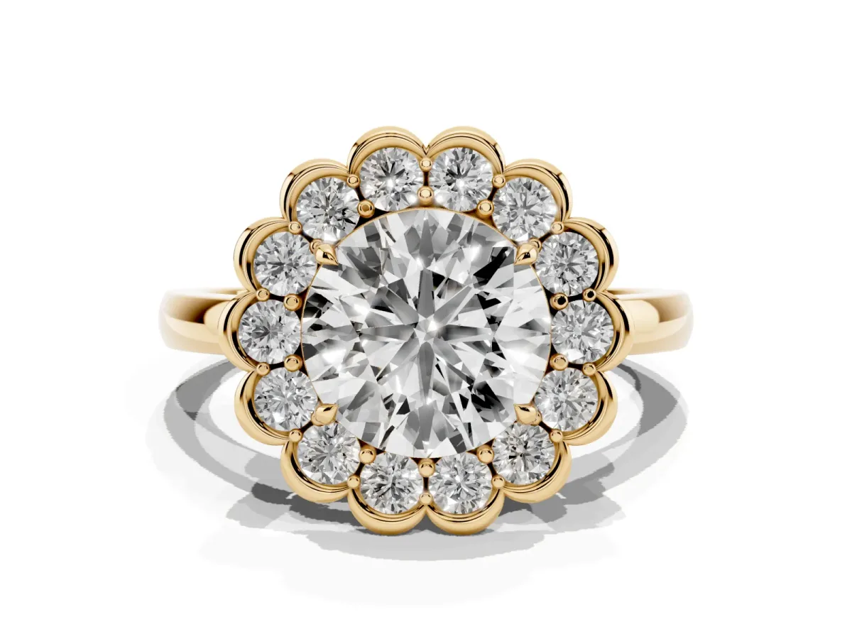 Round Cut Halo Cluster Diamond Engagement Ring with Solitaire Band and Prong Setting Yellow gold