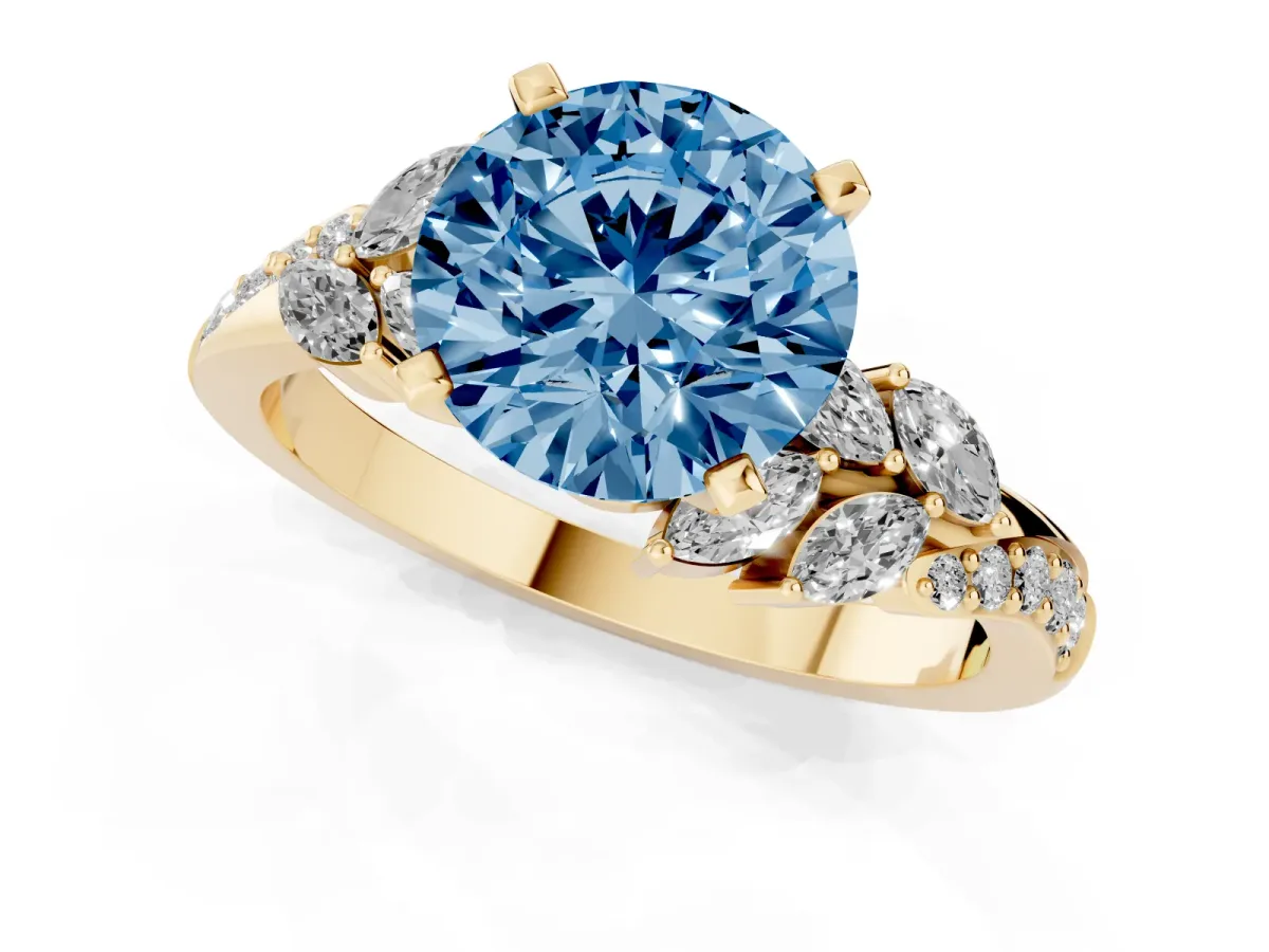 Fancy Blue Round Cut Solitaire Marquise Twist Band with Six-Prong Setting Yellow gold