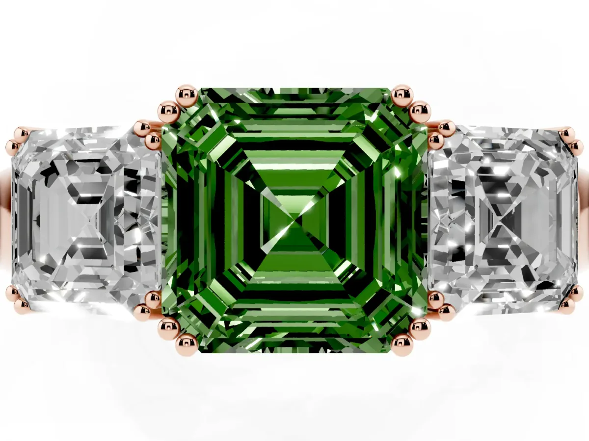 Fancy Green Three-Stone Asscher Cut Cut Diamond Ring with Channel Set Band and Four-Prong Setting Rose gold