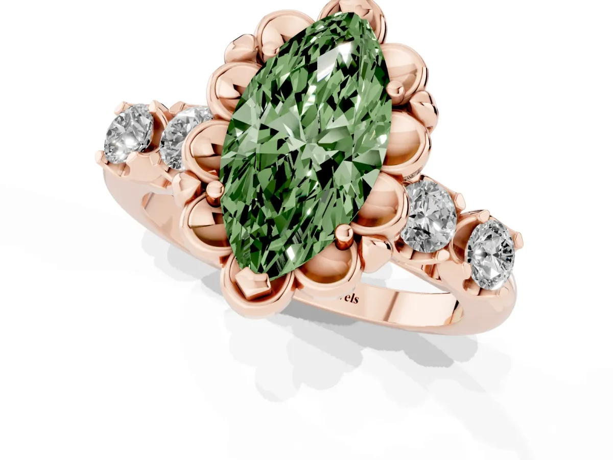 Fancy Green Marquise Cut Cut Diamond Floral Halo Engagement Ring with Shared Prong Setting Rose gold