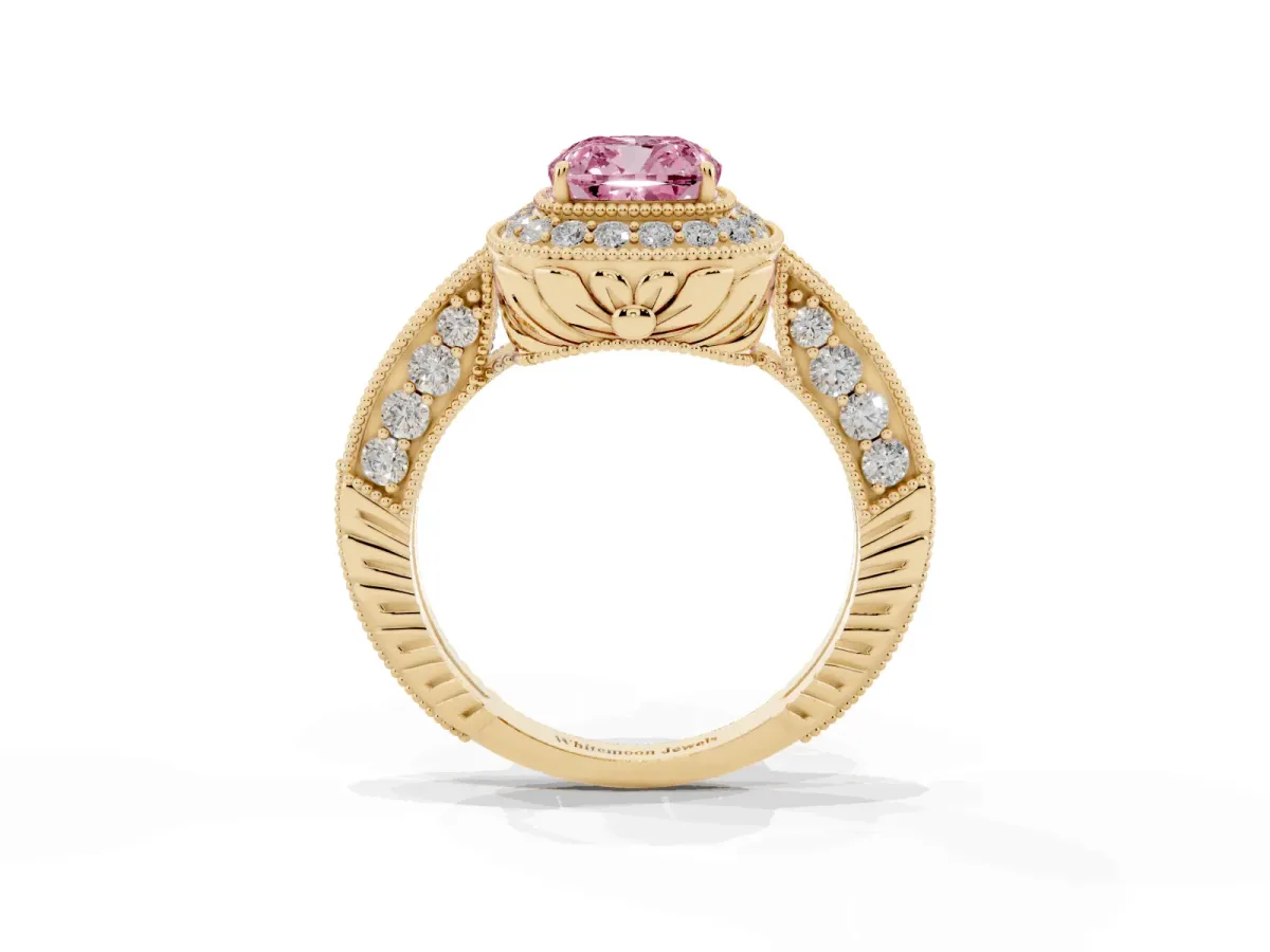 Fancy Pink Cushion Cut Halo Diamond Split Shank Ring with Milgrain Detail Yellow gold
