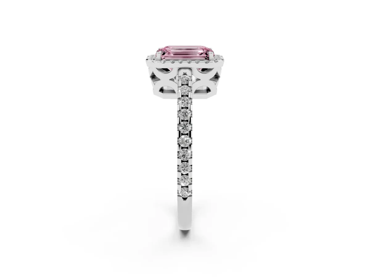 Fancy Pink Emerald Cut Diamond Halo Engagement Ring with Pavé Band and Prong Setting Platinum
