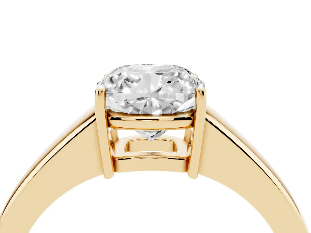 Cushion Cut Solitaire Diamond Ring with Tapered Band and Four-Prong Setting Yellow gold