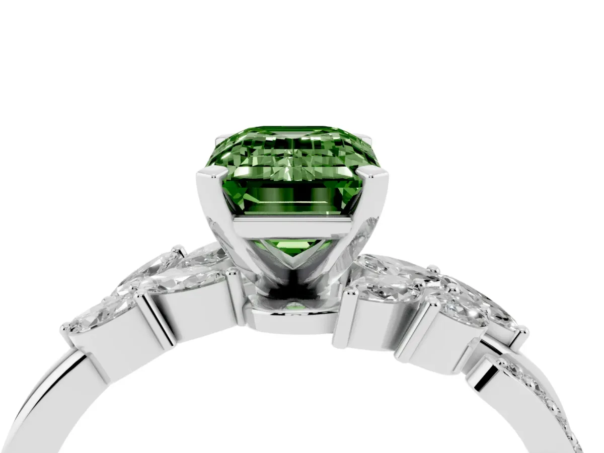 Fancy Green Emerald Cut Solitaire Marquise Twist Band with Six-Prong Setting Silver