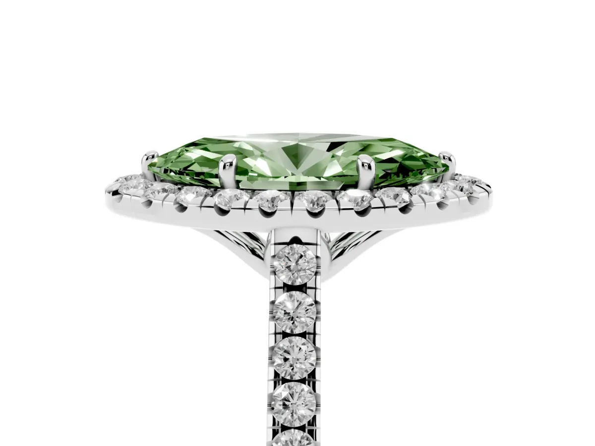 Fancy Green Marquise Cut Halo Pavé Diamond Engagement Ring with Four-Prong Setting Silver