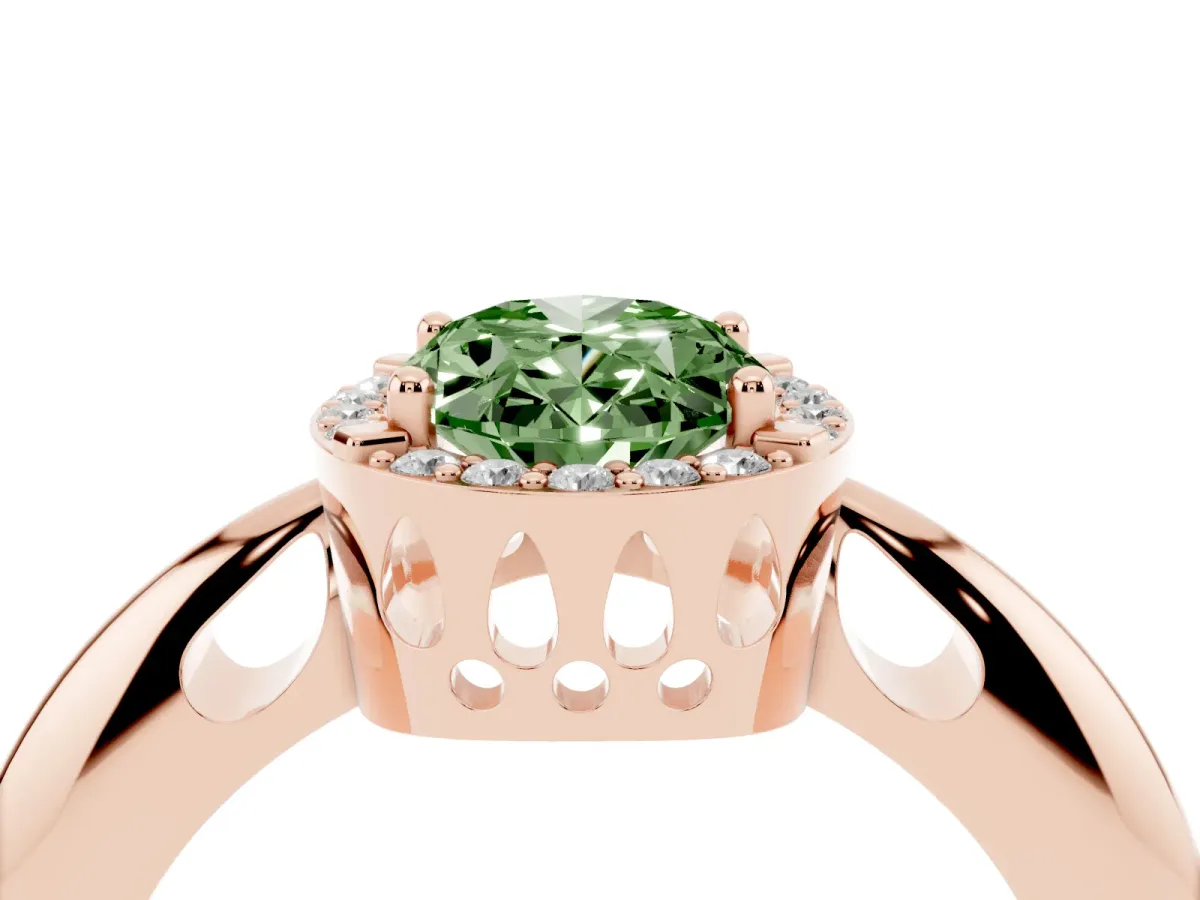 Fancy Green Oval Cut Cut Diamond Halo Engagement Ring with Split Shank and Four-Prong Setting Rose gold