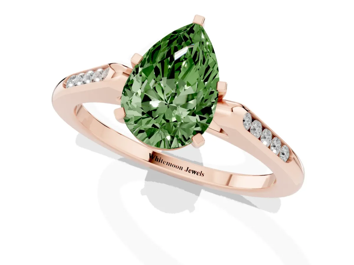 Fancy Green Pear Cut Diamond Solitaire Ring with Channel Set Round Band and Prong Setting Rose gold