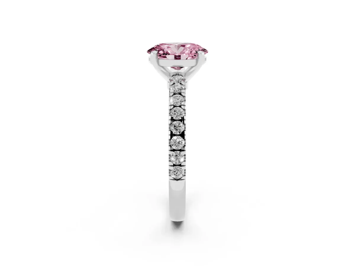 Fancy Pink Oval Cut Solitaire Diamond with Pavé Band and Four-Prong Setting Silver