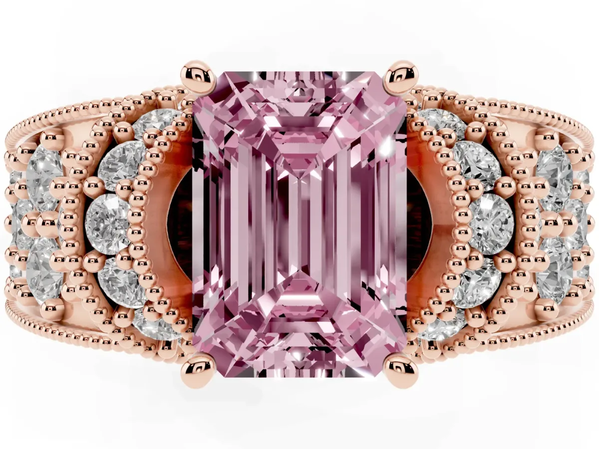 Fancy Pink Emerald Cut Halo Pave Diamond Engagement Ring with Milgrain Detailing Rose gold