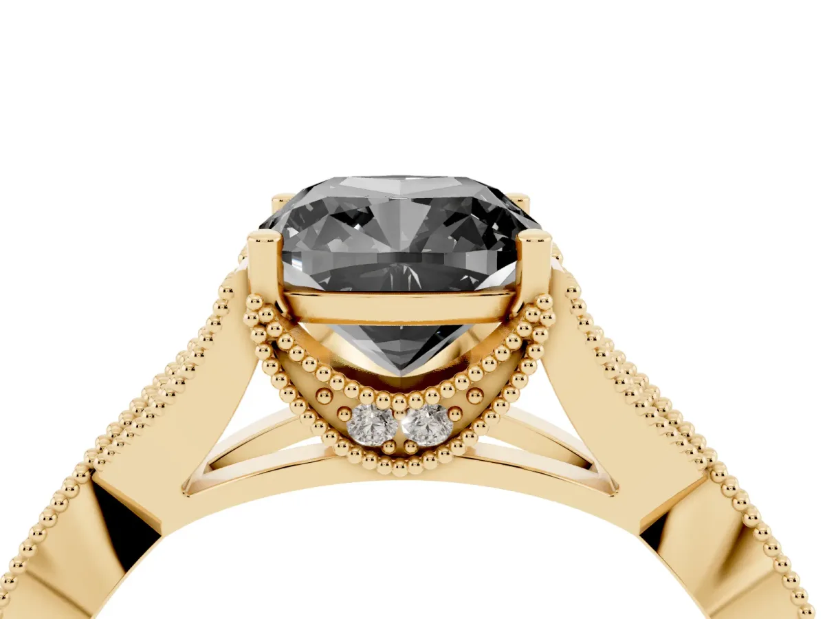 Fancy Black Cushion Cut Cut Diamond Twisted Band with Milgrain Pave Setting and Four-Prong Setting Yellow gold