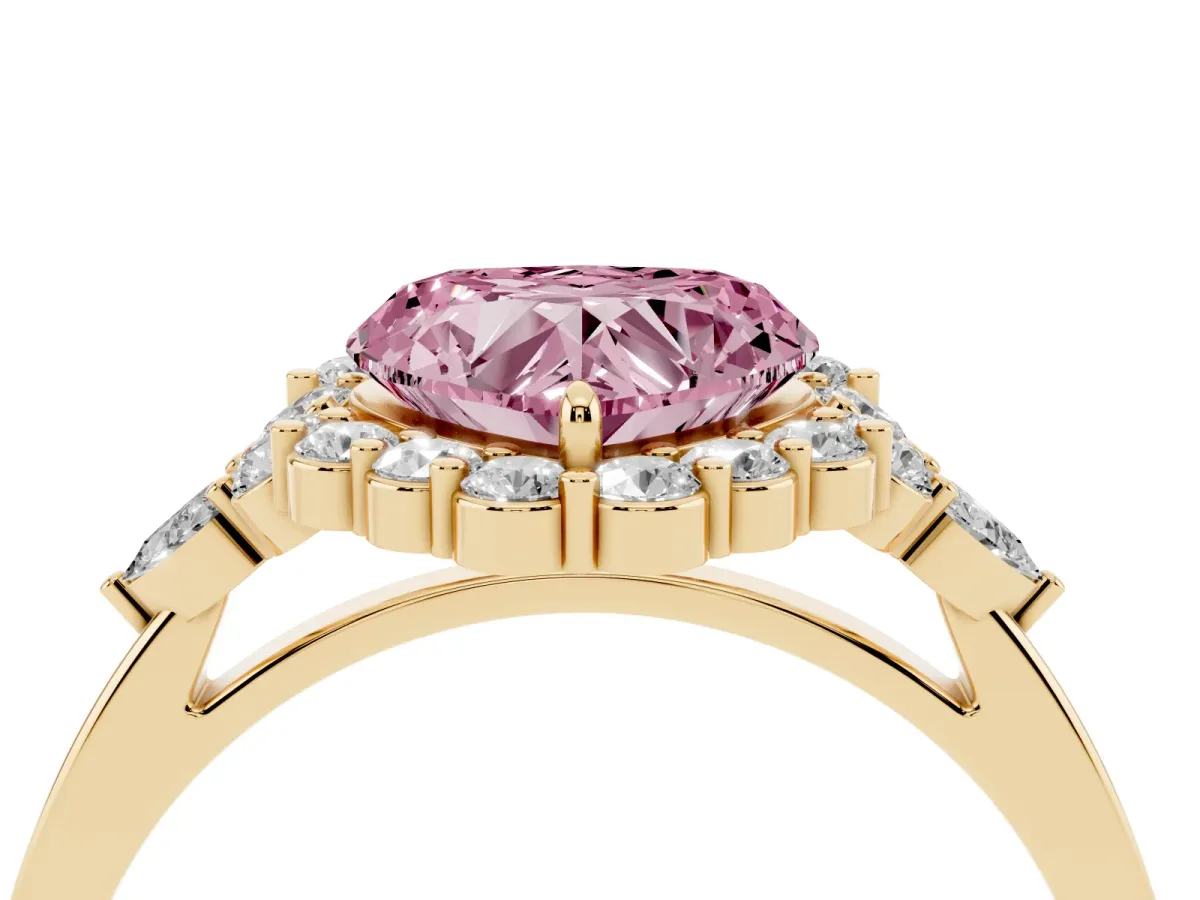 Fancy Pink Heart Cut Diamond Halo Ring with Pear Side Stones and Prong Setting Yellow gold