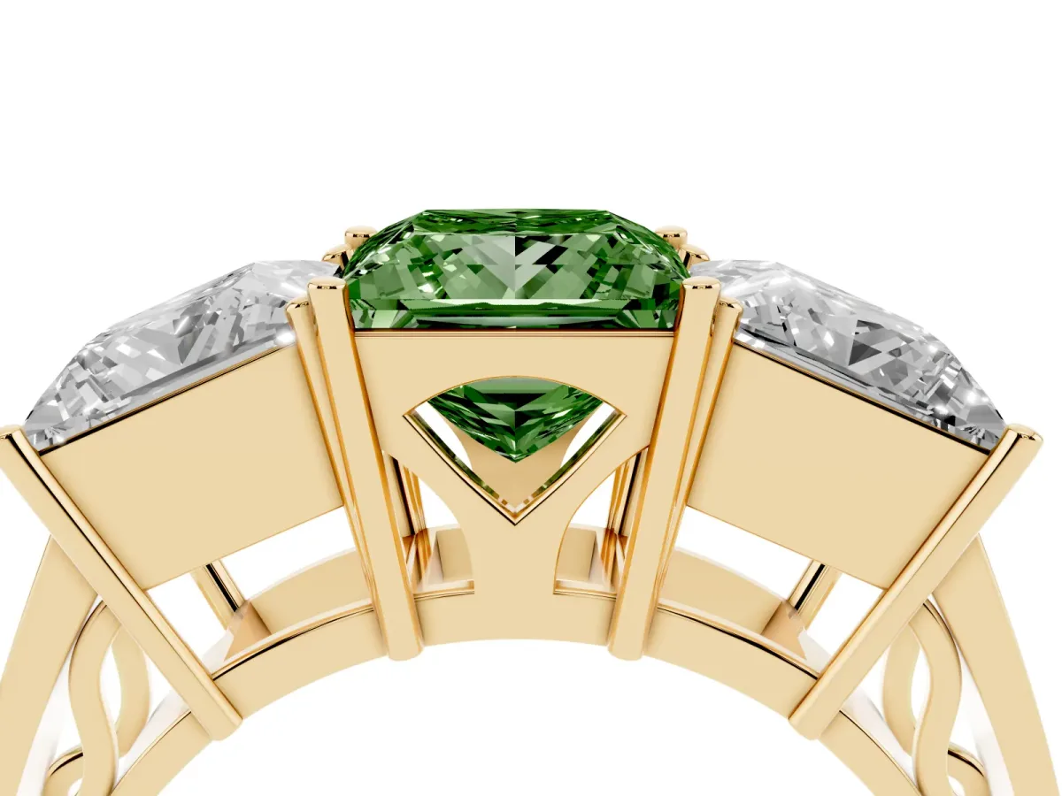 Fancy Green Princess Cut Diamond Three-Stone Ring with Prong Setting and Textured Band Yellow gold