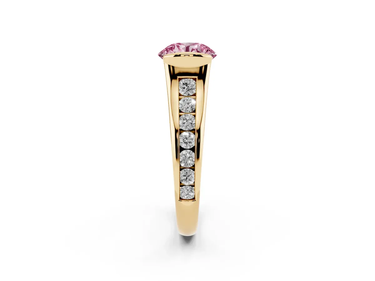 Fancy Pink Round Cut Solitaire Bezel-Set Diamond Ring with Channel-Set Band Yellow gold