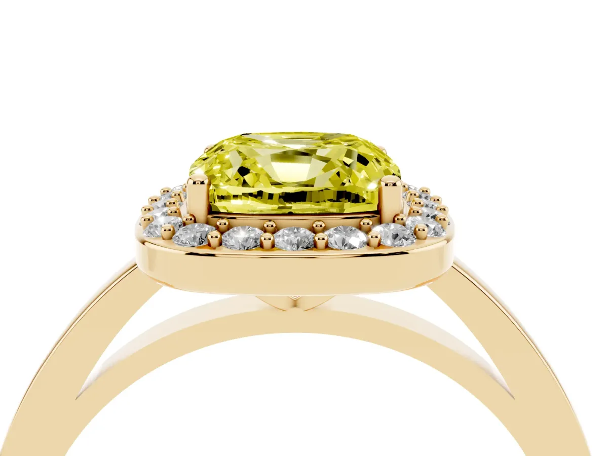 Fancy Yellow Cushion Cut Halo Diamond Ring with Solitaire Band and Prong Setting Yellow gold