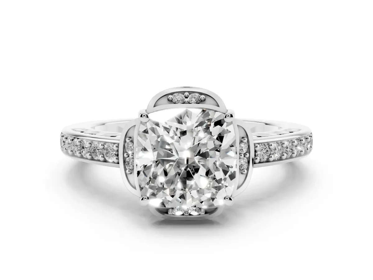 Cushion Cut Cut Halo Diamond Ring with Channel Set Band and Four-Prong Setting Platinum