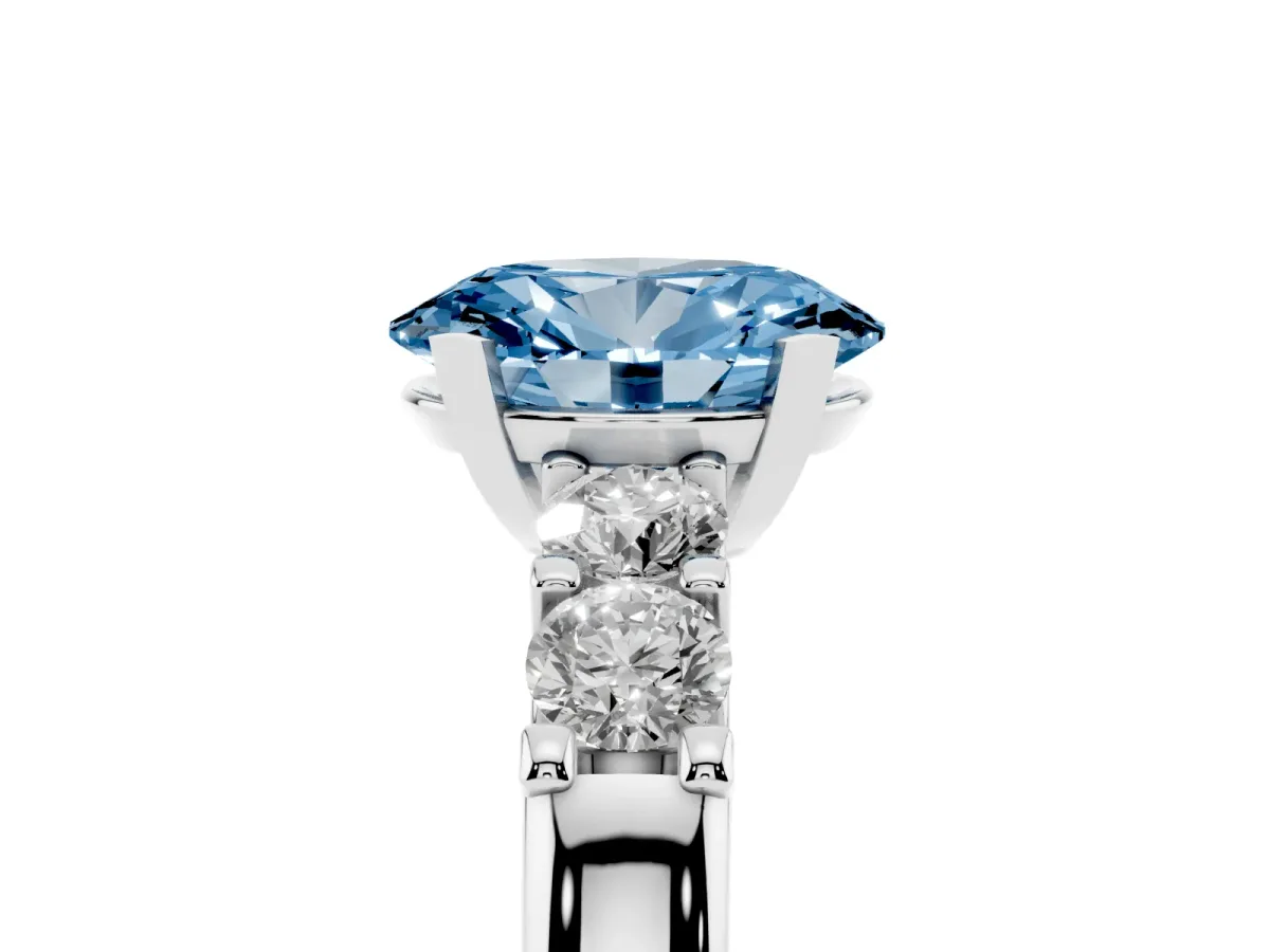 Fancy Blue Oval Cut Brilliant Cut Diamond Five-Stone Prong Set Engagement Ring with Channel Band Silver