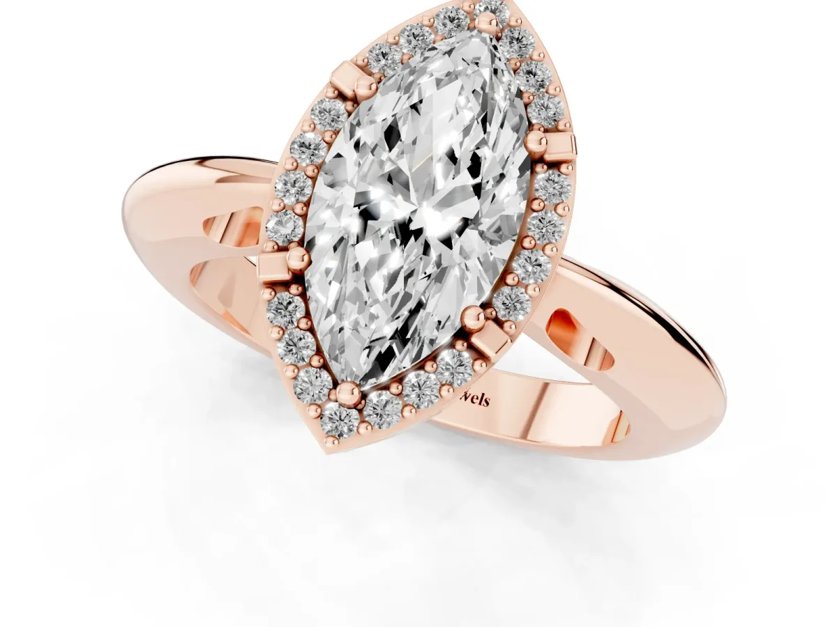 Marquise Cut Cut Diamond Halo Engagement Ring with Split Shank and Four-Prong Setting Rose gold