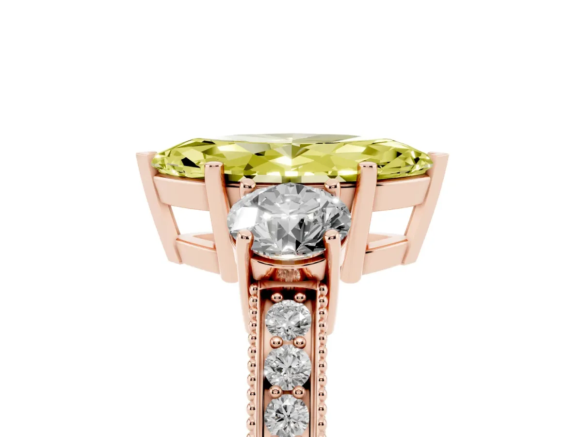 Fancy Yellow Marquise Cut Three-Stone Diamond Ring with Pavé Band and Four-Prong Setting Rose gold