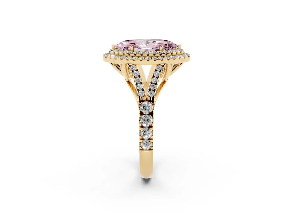 Fancy Pink Marquise Cut Diamond Pavé Split Shank Double Halo Engagement Ring Yellow gold