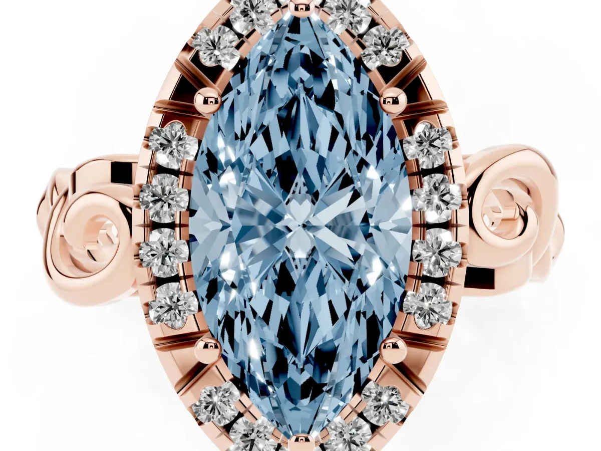 Fancy Blue Marquise Cut Cut Halo Diamond Ring with Scrollwork Band and Four-Prong Setting Rose gold