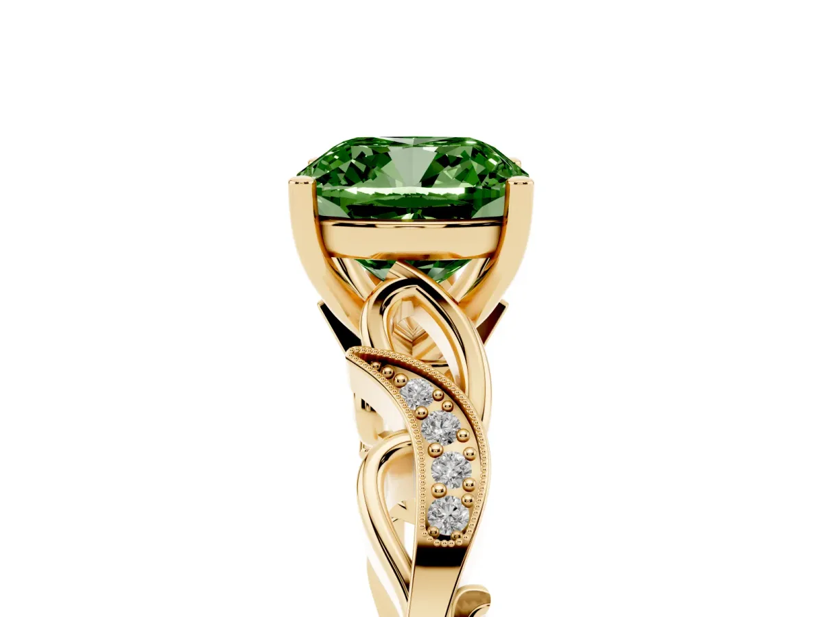Fancy Green Cushion Cut Solitaire Vine Band with Milgrain Prong Setting Yellow gold