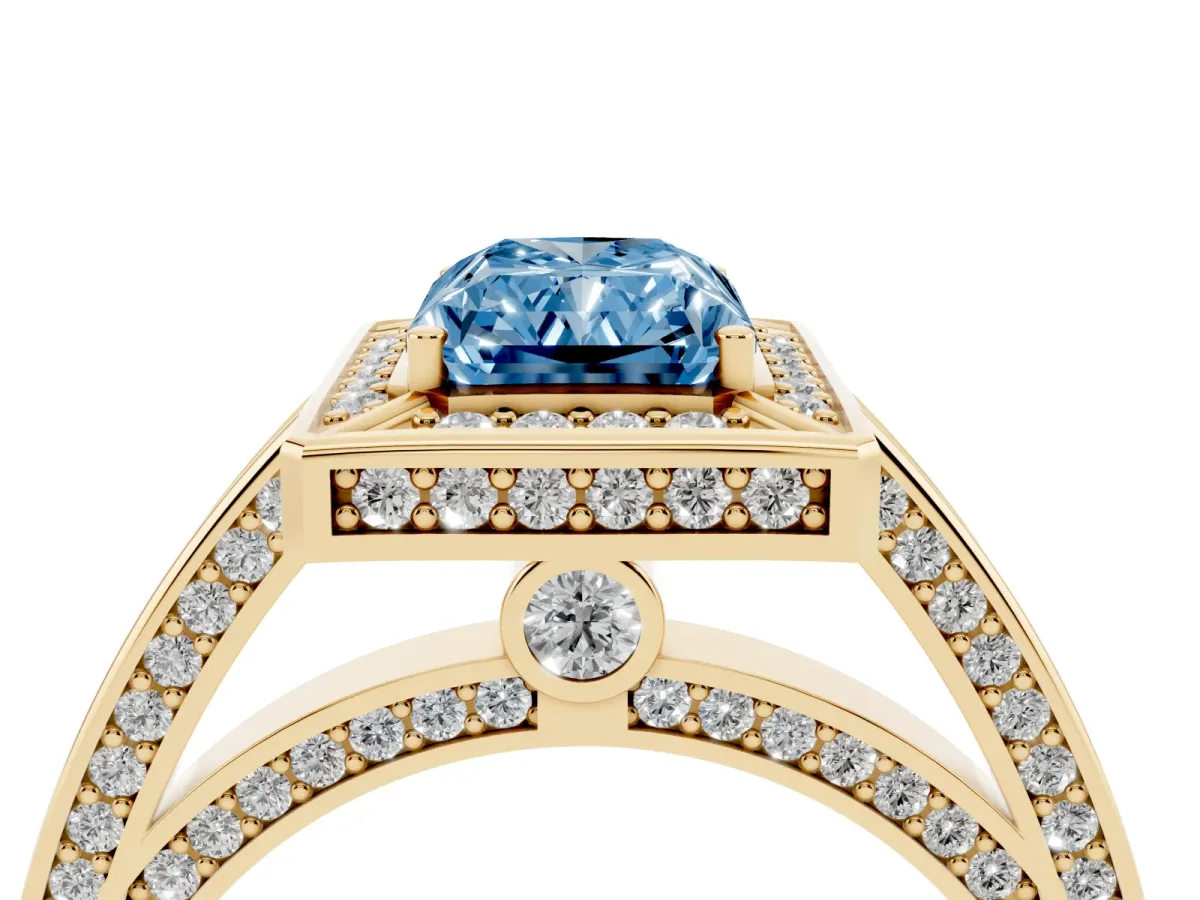 Fancy Blue Radiant Cut Cut Halo Pave Split Shank Prong Setting Ring Yellow gold