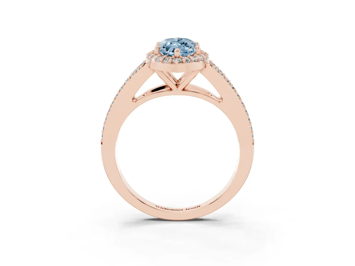 Fancy Blue Marquise Cut Halo Split Shank Pave Diamond Ring with Four-Prong Setting Rose gold