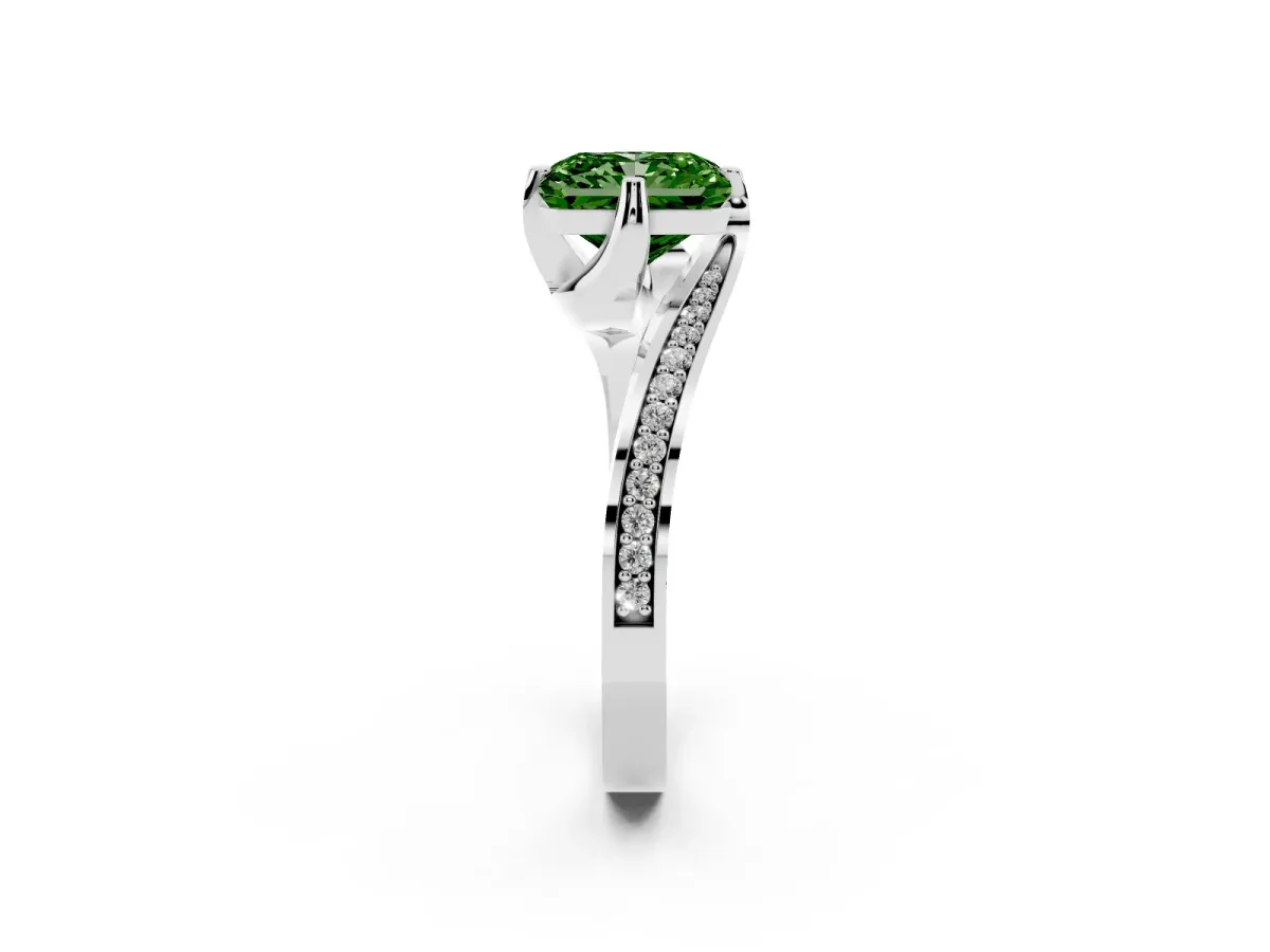 Fancy Green Radiant Cut Solitaire Diamond Twist Band with Pavé Setting and Four-Prong Setting Silver