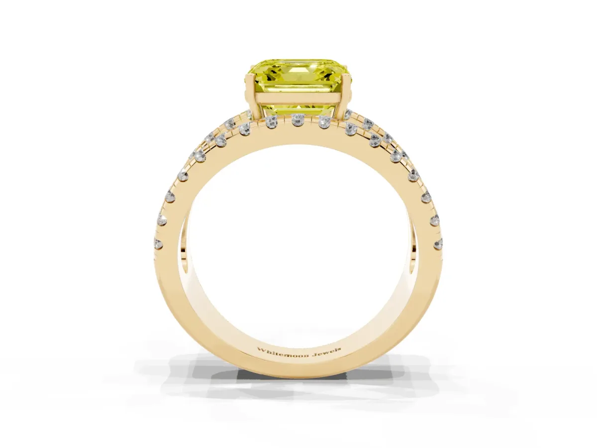 Fancy Yellow Asscher Cut Solitaire Split Shank Pave Diamond Ring Yellow gold