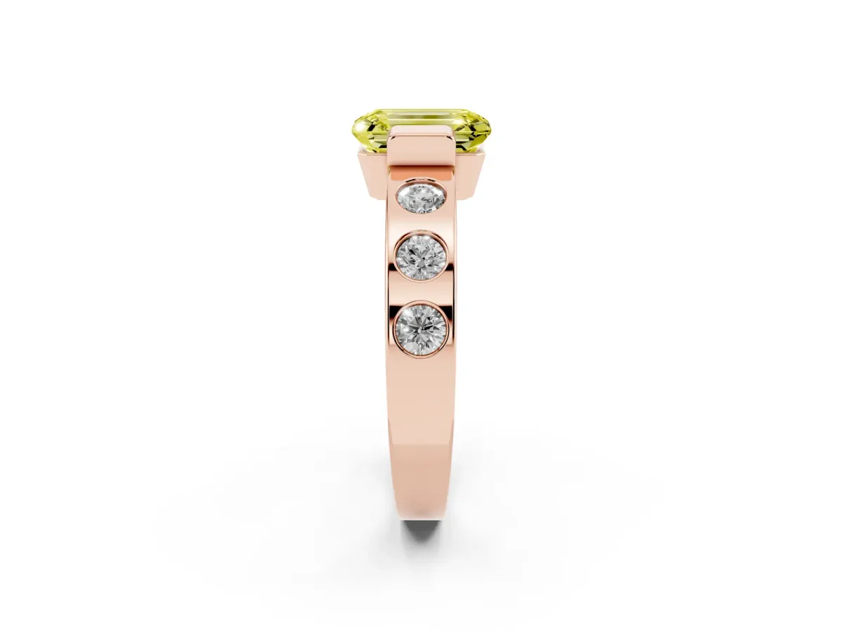 Fancy Yellow Emerald Cut Brilliant Channel-Set Diamond Ring with Bezel Prong Setting Rose gold