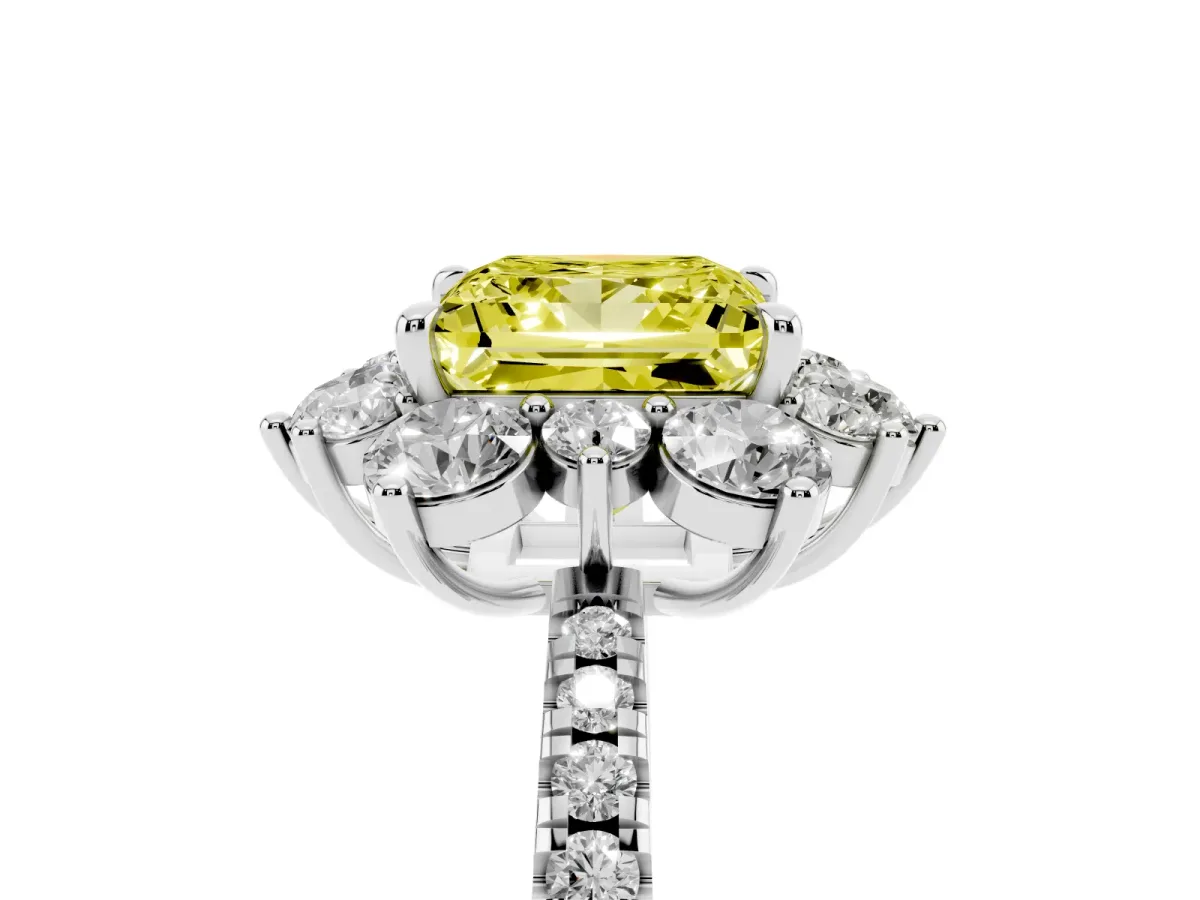 Fancy Yellow Princess Cut Diamond Floral Halo Ring with Round Pavé Band and Prong Setting Silver