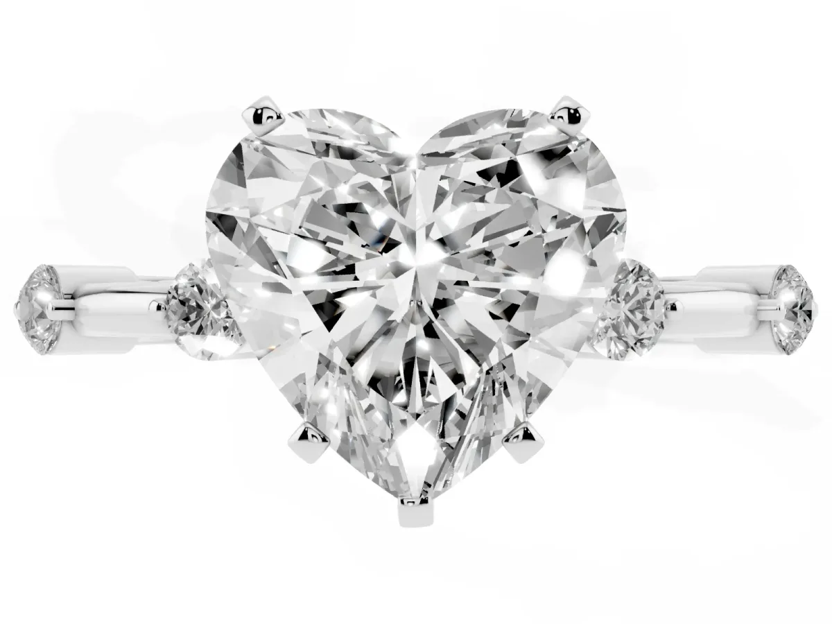 Heart Cut Solitaire Diamond Ring with Bezel Set Side Stones and Prong Setting Silver