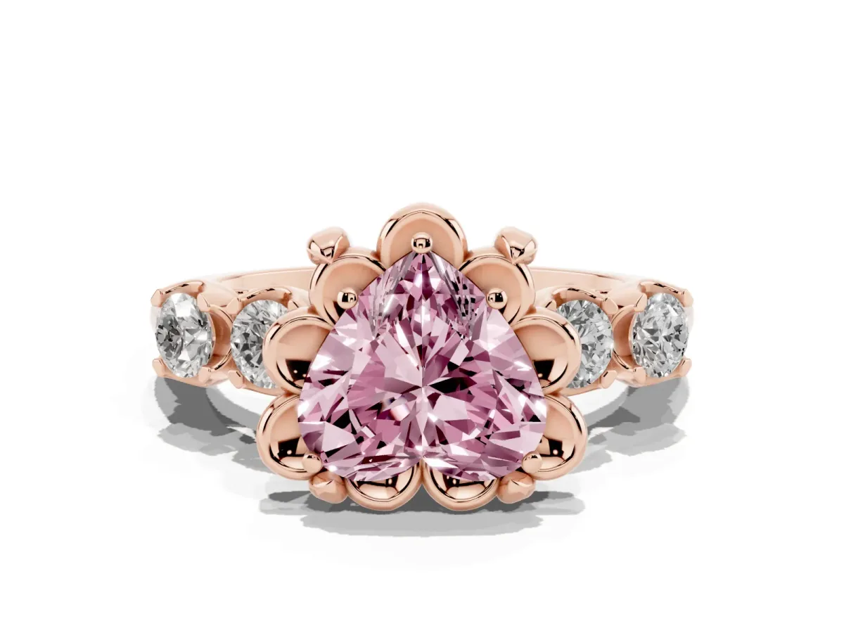Fancy Pink Heart Cut Cut Diamond Floral Halo Engagement Ring with Shared Prong Setting Rose gold
