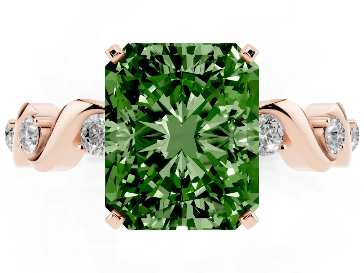 Fancy Green Radiant Cut Diamond Solitaire Twisted Band with Round Accents and Prong Setting Rose gold
