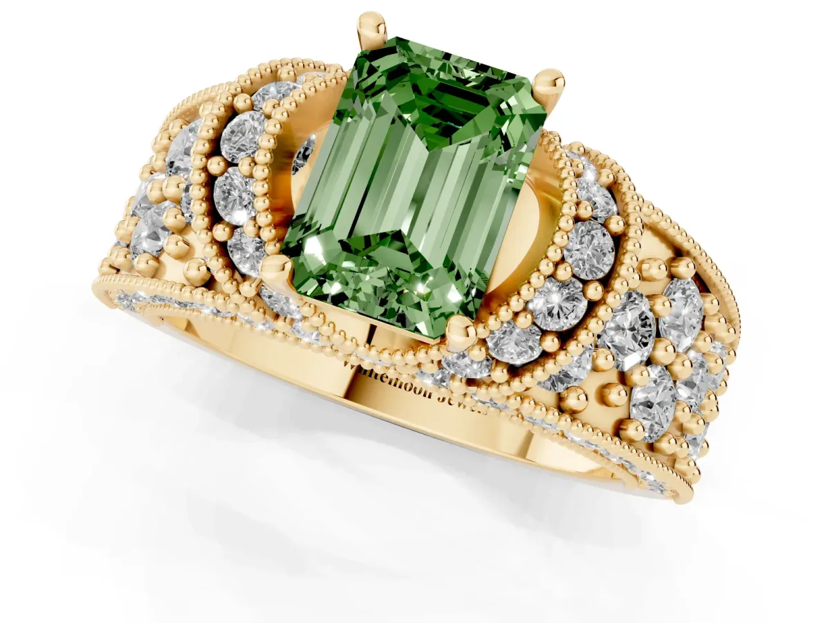 Fancy Green Emerald Cut Halo Pave Diamond Engagement Ring with Milgrain Detailing Yellow gold