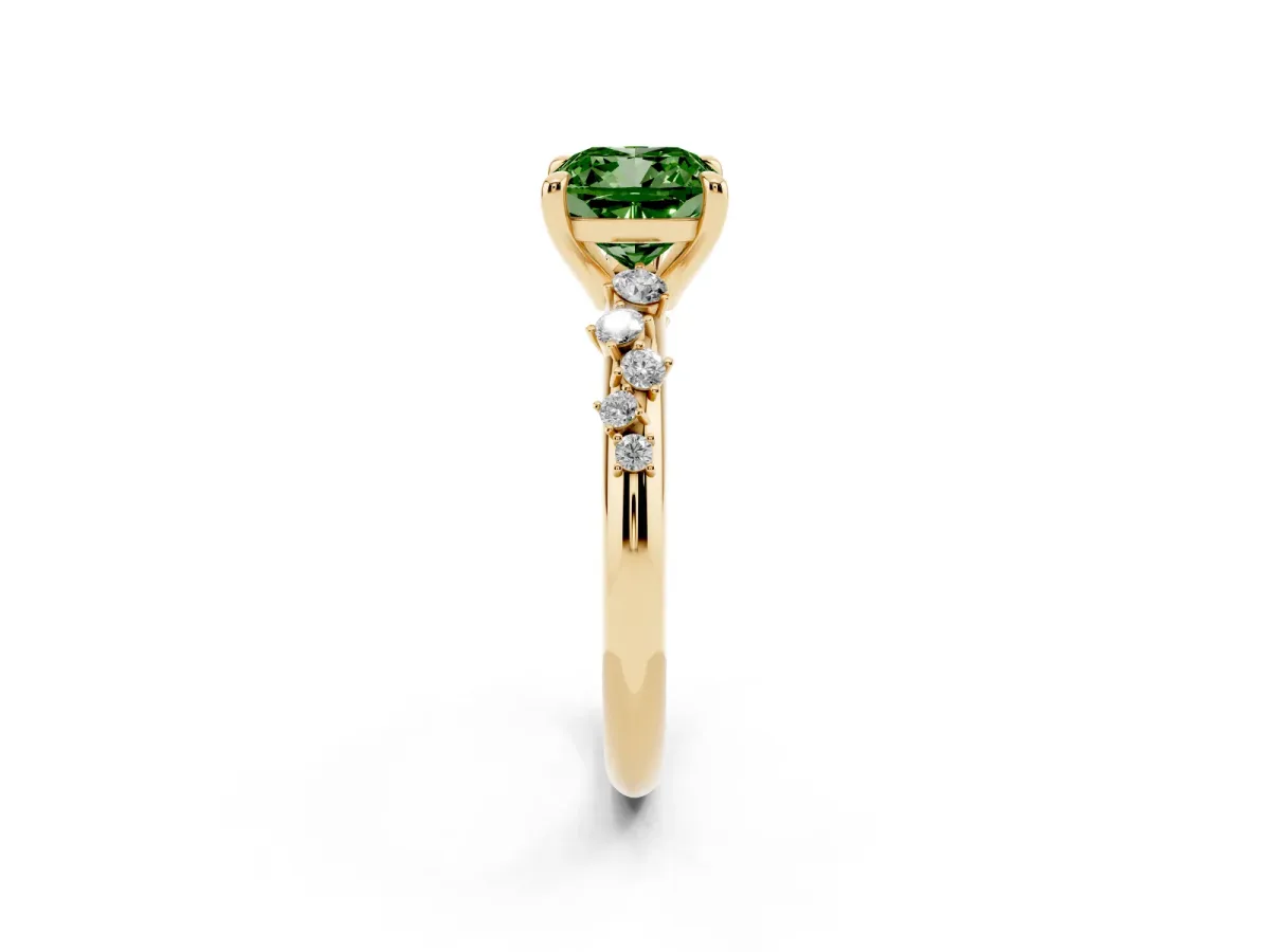 Fancy Green Cushion Cut Cut Diamond Vine Band with Four-Prong Setting Yellow gold